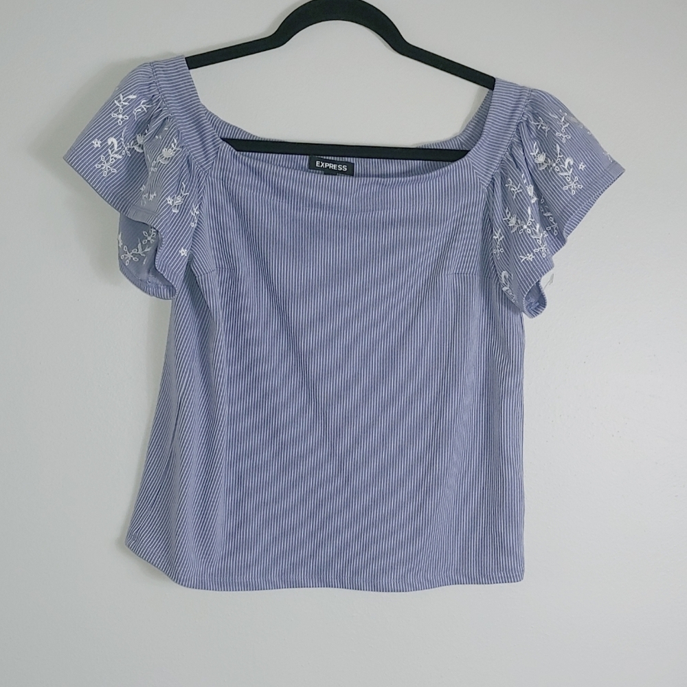 XS‎ Express Blue Stripe Embroidered Cotton Blend Top